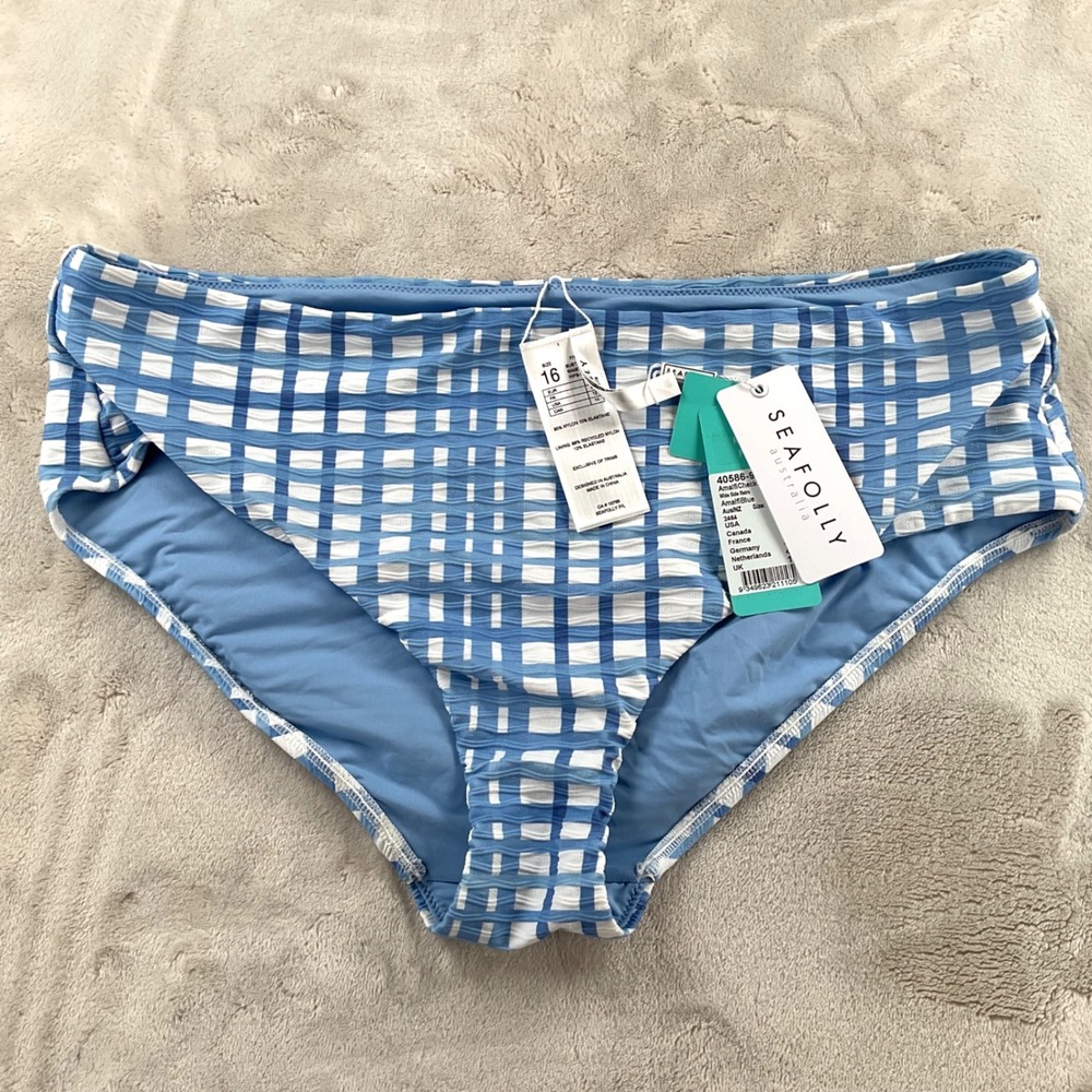 Seafolly Amalfi Check Wide Side Retro Pant Bikini Bottom Blue White Size 12 US